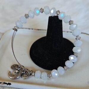 B-034-Bella Perlina Silver Tone and White Faceted Beaded Charm Bracelet